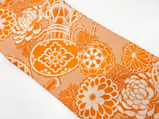 アンティーク　菊に鼓模様織り出し子供帯（着用可）